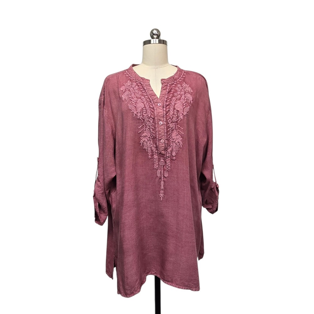 Chic Connection Mauve Embroidered Roll Tab Sleeve Tunic Top Plus Size 3X Boho
